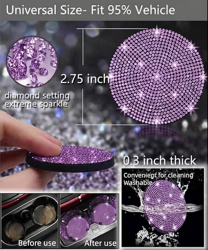 11 pcs Bling Car Accessories Set for Women,Steering Wheel Cover,Sparkly Seat Belt Covers,Daisy Vent Clips,Bling Shift Cover,Car Cup Holder Coaster,Universal Fit Most Cars (Purple Diamond)