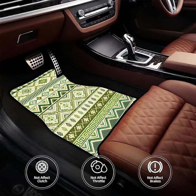 Green Aztec Car Floor Mats Set of 4 Boho Tribal Geometric Pattern Car Accessories Foot Mats Rugs, Non-Slip,Decor for Universal Fit for Suvs Sedans Trucks Cars Auto Floor Carpets Rugs All-Weather