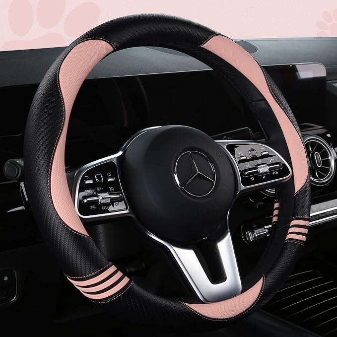 HighnessHwoo Car Steering Wheel Covers for Women Padded Carbon Fiber PU Leather Cute Auto Interior Accessories for Vehicle, Sedan, Universal, Anti Slip, Pink, Standard Size, 14.75-15.15in