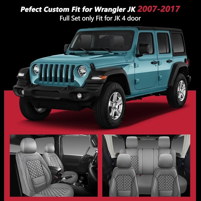 NS YOLO Wrangler Seat Covers 2007-2017,Custom Fit for Jeep Wrangler JK JL 4 Door Unlimited Sahara/Sport/Rubicon X 392 Willys,Waterproof Faux Leather and Lumbar Support (Grey, Full Set-5 Seats(07-17))