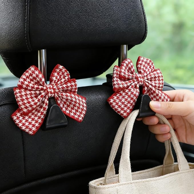 2PCS Car Seat Headrest Hooks, Car Purse Hook, Cute Bow Knot Vehicle Seatback Hanging Storage Organizer, Auto Seatback Decor Organizer Hanger for SUV Truck (Houndstooth/Red)