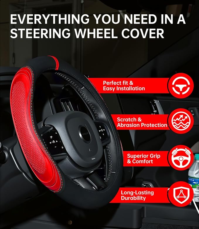 XCBYT Steering Wheel Cover - Red Leather Steering Wheel Wrap Great Grip with 3D Honeycomb Quick and Effortless Installation Non-Slip Silicone Inner Ring for Women Man Universal Fit 14.5-15 Inch
