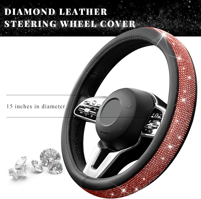 Diamond Leather Steering Wheel Cover, 15 Inch Bling Crystal Rhinestone Anti-Slip Wheel Protector, Universal Sparkling Elegant Diamond Steering Wheels Cover for Women Girl (Red)