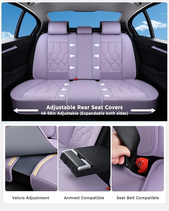 Huidasource Seat Covers Full Set, Universal Fit for Cars SUV Trucks, Purple | Full Coverage Leather Car Seat Cover, Airbag, Cupholder Compatible, Seat Function Retain, Velcro Adjustable