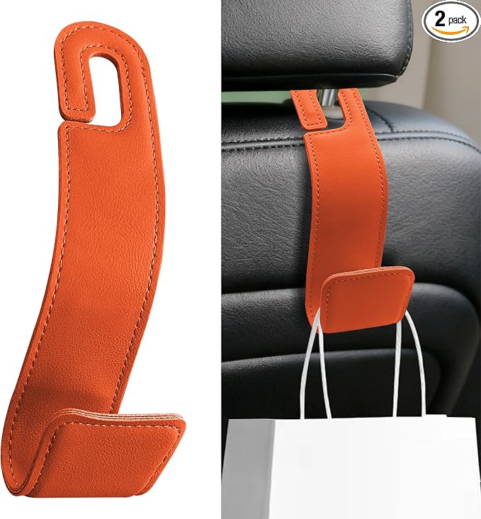 2PCS Car Seat Headrest Hooks, Purse Hook for Car, Automotive Headrest Handbags Holder, Auto Accessories Leather Seatback Organizer Hanger for Hanging Purses Bags Coats (Orange, 1PCS)