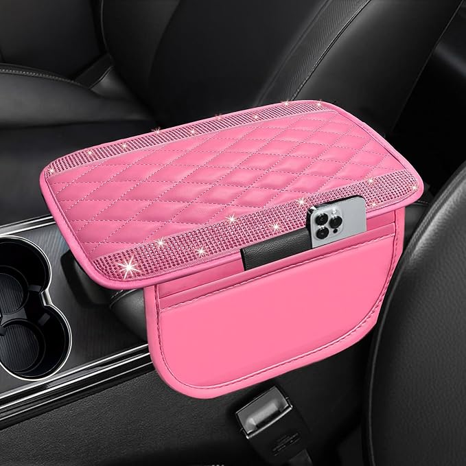 NBTEPEM Bling Pink Car Center Console Cover, Leather Car Arm Rest Cover with 2 Storage Bags, Universal Auto Armrest Protector Storage Box, Pink Bling Accessories Interior for Most Vehicles