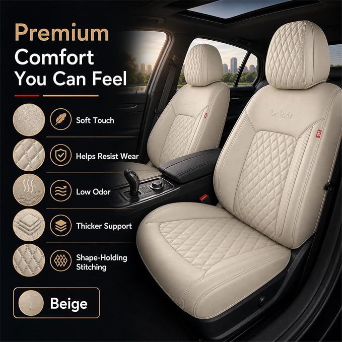 Beige Thick Nappa Leather Automotive Front Car Seat Covers Set of 2 | Univerasal Precision Fit,3D Contoured,Full Coverage,Waterproof,ThickTexture Nappa Leather,for most Suvs Trucks Sedans