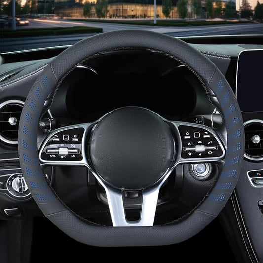 3D Soft 15 inch Leather D Shape Steering Wheel Cover Black Blue | Breathable Anti-Slip Premium Skin-Feel Perforated Thin Nappa Leather, Universal 14.5 inch to 15 inch