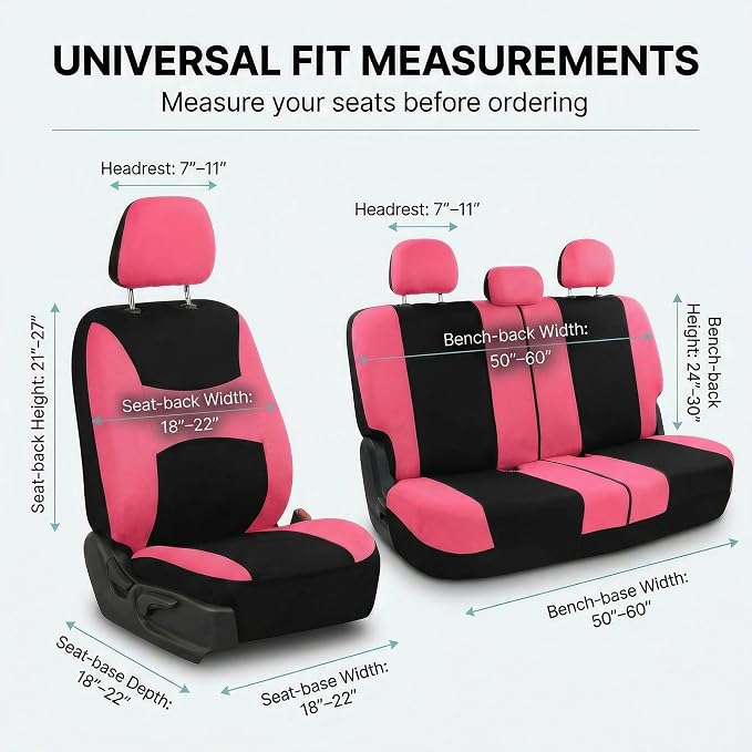 FH Group Universal Automotive Seat Covers 8 Seater Set | Light & Breezy Flat Cloth Washable Car Seat Cover for SUV, Sedan, Truck | Airbag Compatible Interior Upgrade - Pink/Black