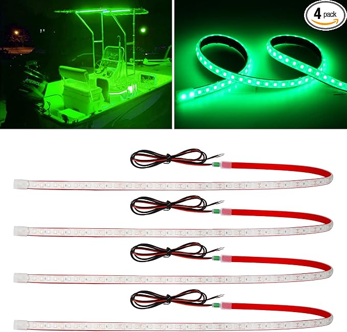 Green Led Strip Lights,24inch 12V Interior Light Strip IP68 Waterproof Cuttable for Car Motorcycles Boat Golf Cart Truck Cargo Home Decoration with Strong Nano Tape(4PCS)