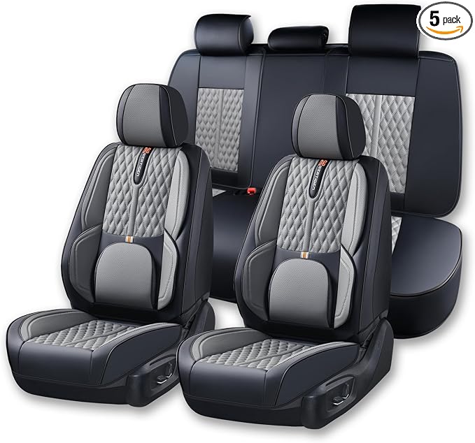 Universal Car Seat Cover for Cars, Black and Gray, with Lumbar Support, | Car Seat Cover Full Set,Premium Artificial Leather, Waterproof and Easy to Clean, Airbag Compatible