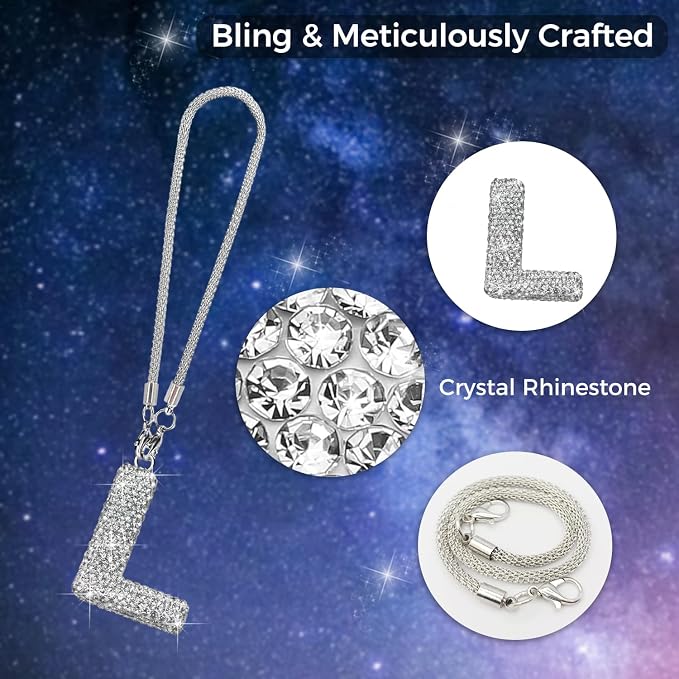 Bling Car Accessories for Women Letter Charm, Rear View Mirror Ornament Cute Hanging Crystal Pendant Girl Car Decorations, Lucky Diamond Rhinestone Girly Charm Interior (White L)