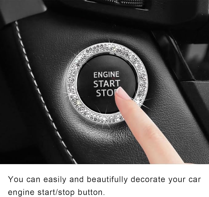 2 PCS Car Bling Crystal Rhinestone Engine Start Ring Decals, Sparkling Diamond Car Push Start Button Ignition Ring Sticker, Auto Key Ignition Knob Ring Decoration for Women Girls (White)