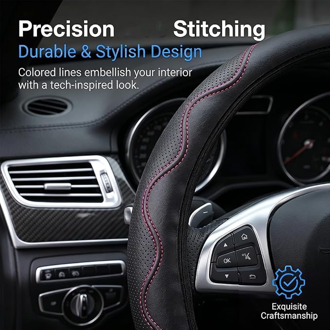 Elastic Steering Wheel Cover Black and Pink Universal 14-15 inch | Leather Car Steering Wheel Covers Stretch Microfiber Breathable Anti-Slip Car Accessories Fit for Suvs, Vans, Trucks