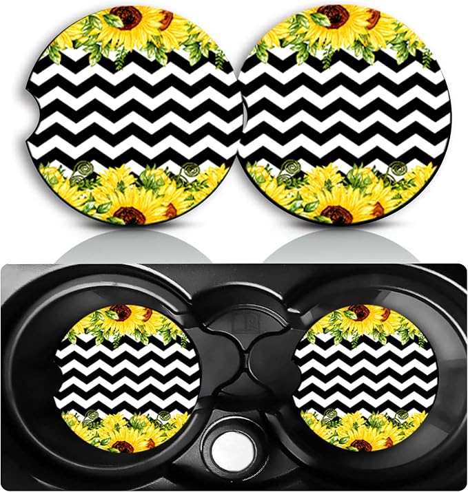 Horizontal Sunflower Strips Car Cup Holder Coasters Set of 2 – Fun Sunflower Car Accessories 2.75" Universal Size Anti Slip Rubber Mat Auto Coasters Sunflowers Gifts for Women Men Dad Grandpa