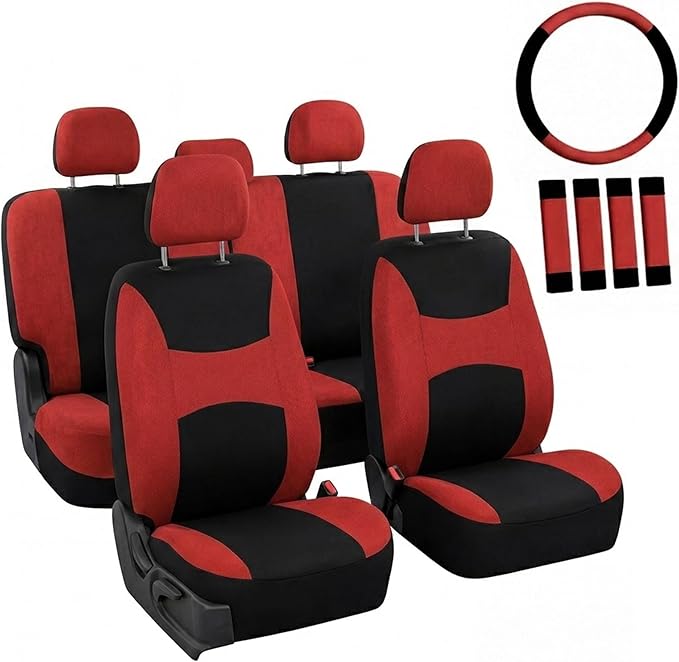 FH Group Car Seat Covers Full Set Cloth, Universal Fit combo, Automotive Covers, Low Back Front Airbag Compatible,Split Bench Rear Seat,Washable Cover for SUV,Sedan,Van Red
