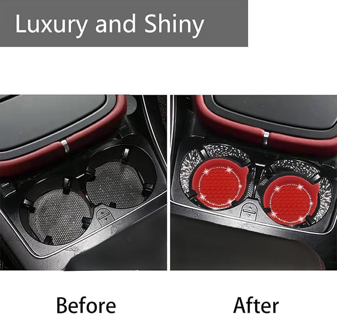 NBTEPEM 4PCS Bling Car Coasters, Non-Slip Insert Water Bottle Holder Pads, Bling Crystal Rhinestone Dustproof Automotive Interior Accessories, Universal for Vehicles, Trucks, RVs (4 pcs, Red)