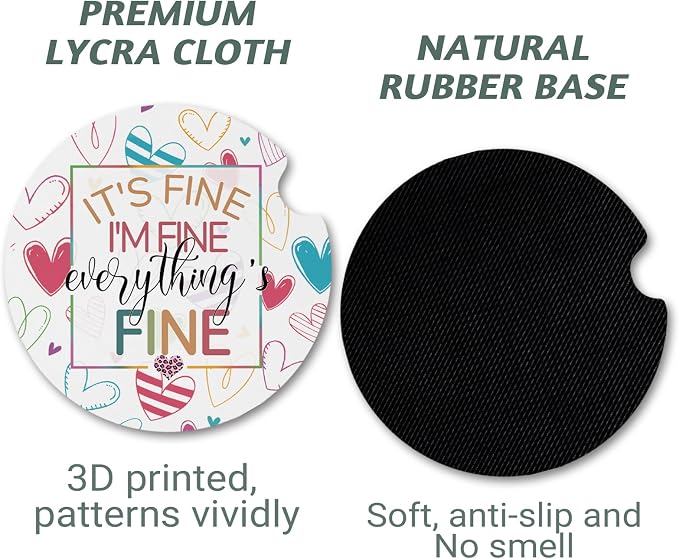 Yonlevres Car Coasters for Cup Holders，2.75" Anti Slip Rubber Mat with A Finger Notch, 2 Pack Car Cup Holder Coasters for Car Interior Accessories for Women Men I'm Fine