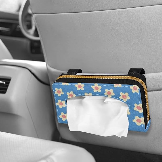 Blue Flower Leather Visor Tissue Holder Car Visor Accessories Adjustable Car Sun Visor Tissue Box Holder Car Decoration for Women Girls