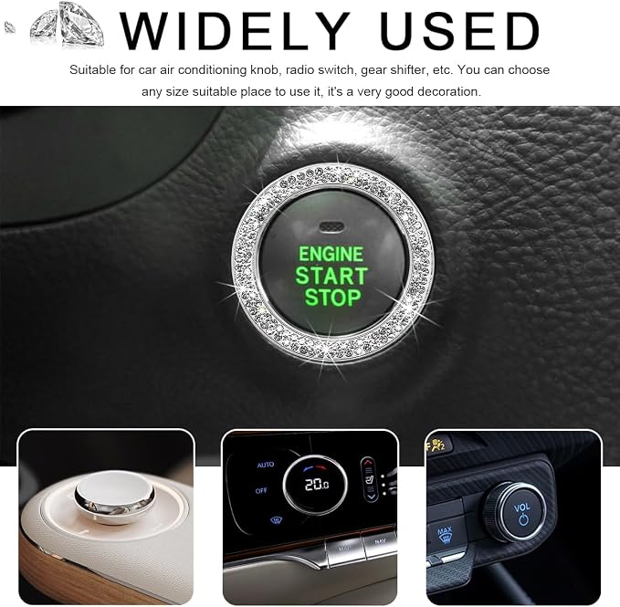 2 PCS Car Bling Crystal Rhinestone Engine Start Ring Decals, Sparkling Diamond Car Push Start Button Ignition Ring Sticker, Auto Key Ignition Knob Ring Decoration for Women Girls (White)