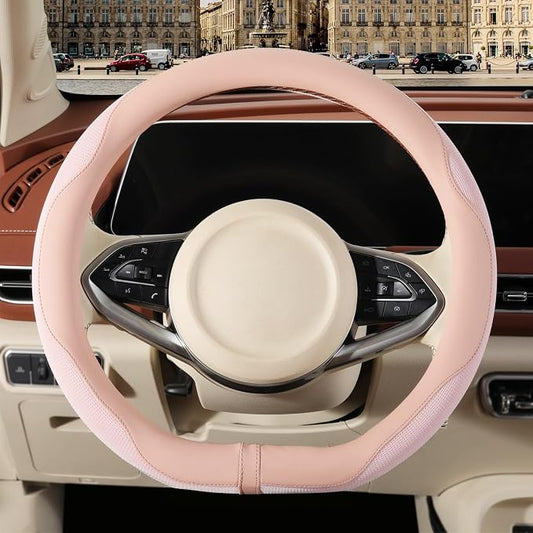 Nappa Leather Pink D Shaped Steering Wheel Cover Women 15 inch | Non-Slip Breathable Microfiber Leather Ice Silk Fabric, Warm in Winter and Cool in Summer Universal 14.5 inch to 15 inch