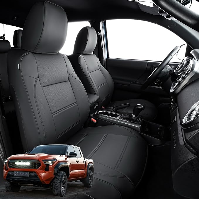 DrCarNow for Toyota Tacoma Seat Covers 2016 2017 2018 2019 2020 2021 2022 2023, Leather Seat Covers for Trucks Crew Cab & Double Cab Waterproof for 3rd Gen Tacoma Accessories 2016-2023 Full Set Black