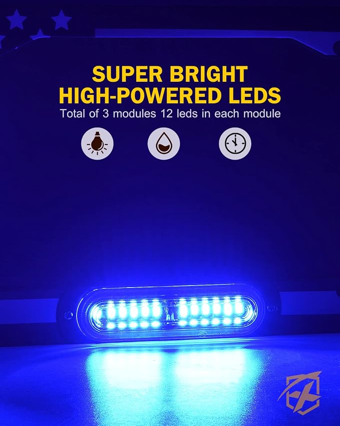 Xprite 36 LED License Plate Strobe Light, US Flag Front/Rear Utility Lights, 22 Modes Caution Frame for Construction Towing Snow Plow Pickup Work Trucks Cars - Blue (w/Pre-Installed 9FT Cable)