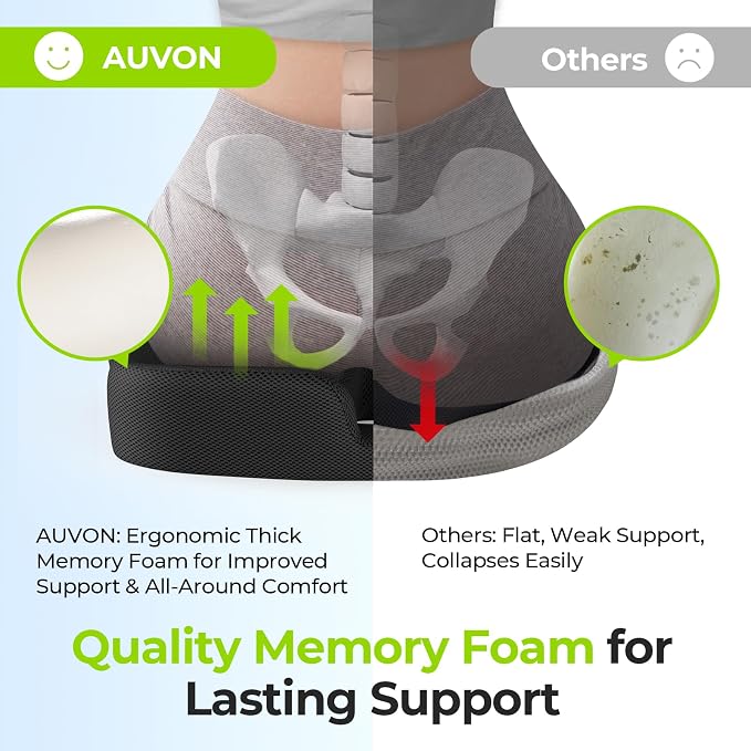 AUVON Ergonomic Donut Pillow Seat Cushion for Hemorrhoid & Back Pain Relief | Thick Memory Foam Chair Cushion with Firm Support for Tailbone, Sciatica, Pressure Sores, Pregnancy, Postpartum Recovery