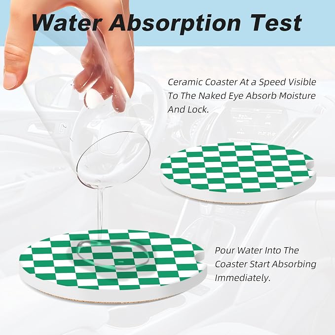 Green and White Checkered Car Coasters for Cup Holders,2 Pack Car Cup Holder Coasters for Car,Ceramic Absorbent Car Coaster with A Finger Notch and Cork Base,Car Interior Accessories for Women Men