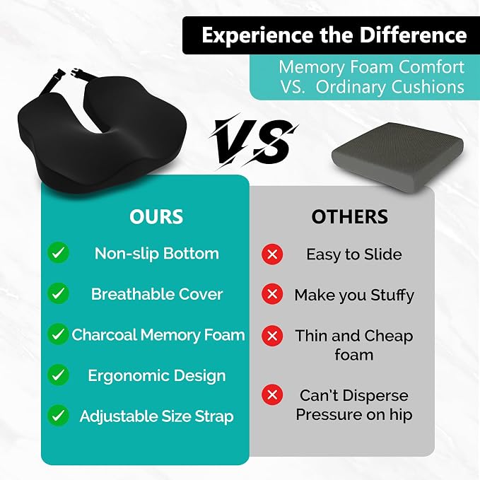 Seat Cushion - High-Density Charcoal Memory Foam Office Chair Cushion with Adjustable Strap & Washable Non-Slip Cover | Supports Sitting Posture for Office, Car & Home