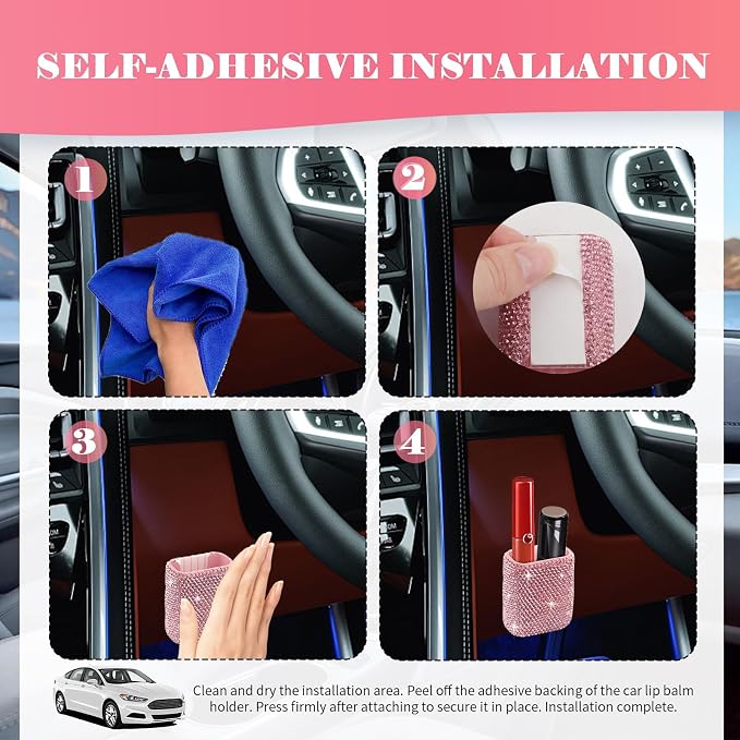 Bling Chapstick Holder for Car with Rhinestone,Portable Car Chapstick Holder as Chapsticks Organizer,Self-Adhesive Cars Lip Balm Holders Cars Interior Accessories for Women (Pink)
