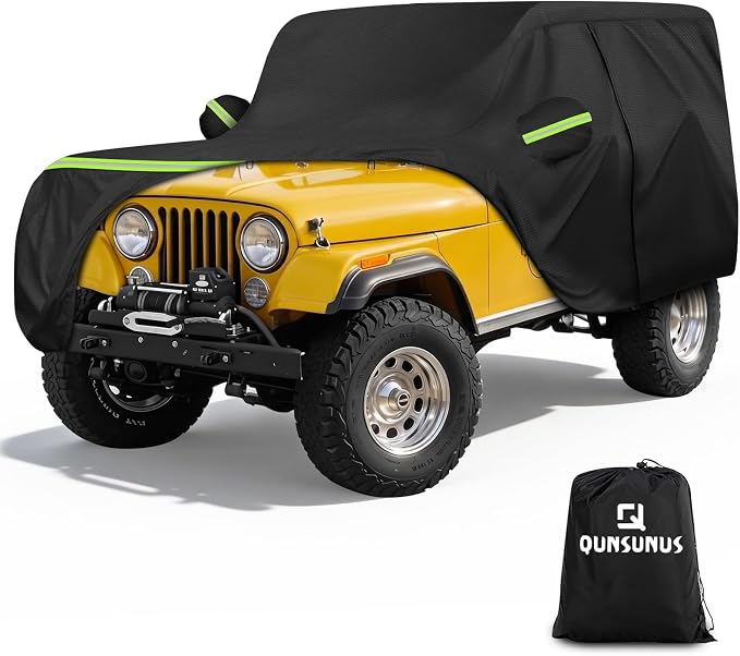 QUNSUNUS Car Cover for Jeep CJ7 Waterproof with Cotton Inner, Zipper, Strap | Heavy 420D Oxford Outdoor All-Weather CJ7 Covers, with Elastic Hems and Double-stitched Seams, for Dust, Sun, Wind Protection