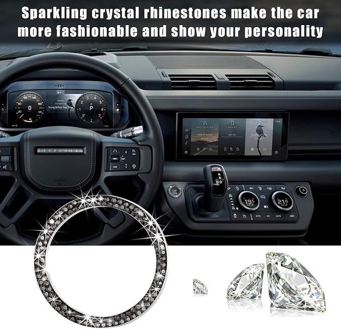 Kewucn 2 PCS Bling Crystal Double Rhinestone Car Engine Start Decoration Ring, Sparkling Push Start Button Sticker, Key Ignition & Knob Ring Decoration, Bling Car Interior Accessory(Bright Black)