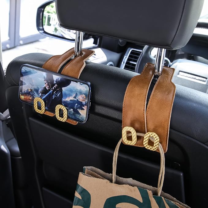 Car Headrest Hooks Universal Car Purse Hook Premium Leather and Alloy Twin Hook Car Seat Back Storage Hanger Hook for Purse Bags Cloth Drink Durable Holder Car Accessories (BH09-Brown-Gold-4 Pcs)