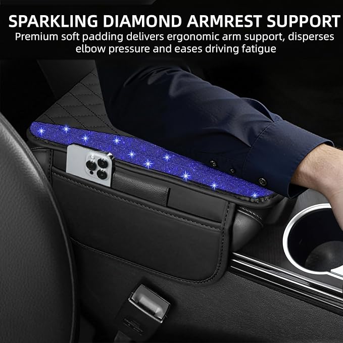 NBTEPEM Bling Car Center Console Cover, Leather Arm Rest Cover for Car with 2 Storage Bags, Universal Car Middle Console Cover Diamond Car Accessories Interior Fit for Most Vehicles, Blue Diamond