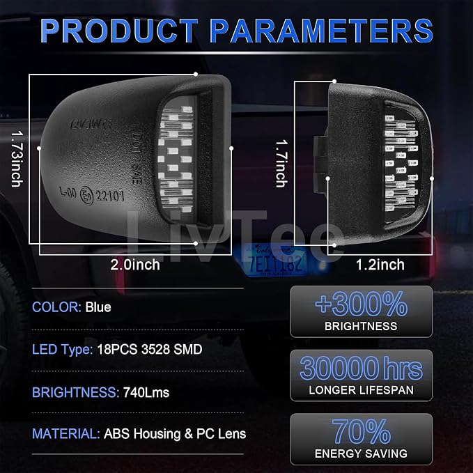 LivTee LED License Plate Light Assembly, Tag Light Fits Chevy Silverado 1500 2500 3500 1999-2013, Tahoe, Suburban, Fits GMC Sierra, Yukon XL, Cadillac Escalade, Car Accessories, Blue