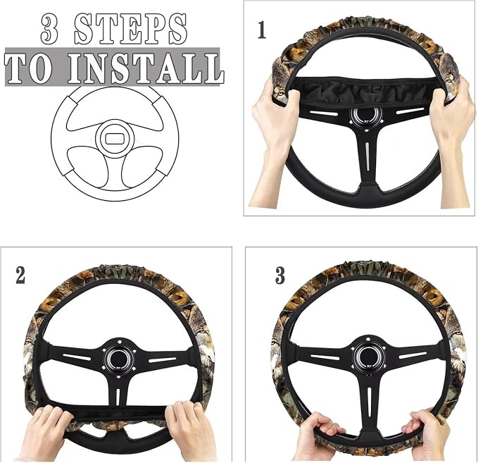 Wanyint Wolf Camo Hunting Forest Car Steering Wheel Cover 15 Inch, Soft Stretch Anti-Slip Washable Car Accessory Decor Universal Fit for Sedan SUV Truck