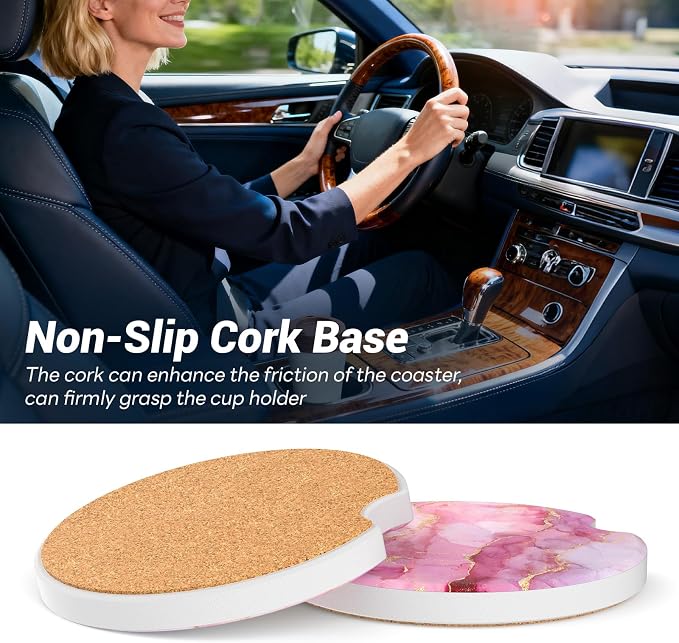 Car Cup Holder Ceramic Coasters 2 Pack, 2.56 in Anti Slip Absorbent Coaster with Cork Base and Finger Notch, Funny Cute Car Accessories Interior for Women, Pink Stone
