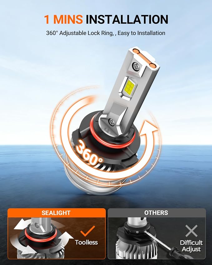 SEALIGHT H13 Bulbs, 90,000LM 1400% Brightness, 9008H13 6500K Cool White LED Bulbs, IP68 Waterproof 70000Hrs Lifespan, No Flickering, 1Mins Installation, 2 Pack