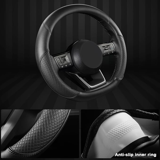 GIANT PANDA D Shape Steering Wheel Cover for Nissan Rogue Kicks - Auto Car Steering Wheel Cover Customized for Nissan Altima Sentra(Black+Black Line-D-Shaped)