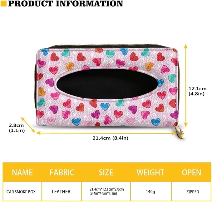 Colorful Hearts Tissue Box Holder Car Visor Tissue Holder PU Leather Sun Visor Napkin, Mask Dispenser Car Visor Accessories Decoration for Women Girls