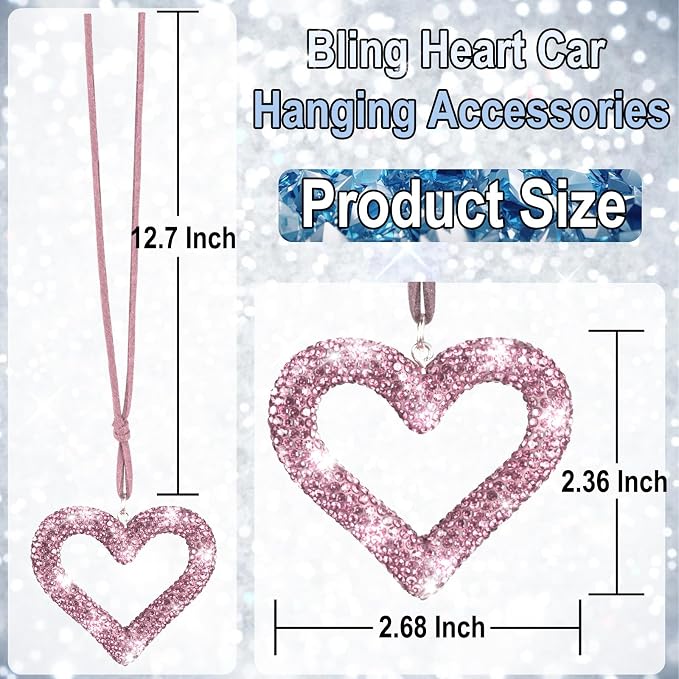 Bling Heart Car Hanging Accessories, Car Accessories for Women, Bling Rear View Mirror, Universal Bling Heart Diamond Car Accessories for Cars, Trucks, SUVs (Pink)