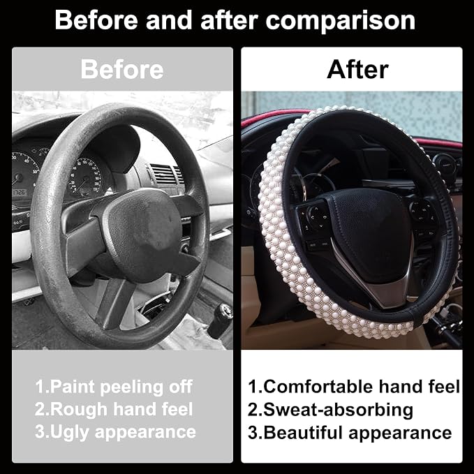 Leather Bling Steering Wheel Cover Women Rhinestone White Soft Comfortable Glitter Sparkly Universal 15 inch Steering Wheel Cover Non-Slip Car Accessories