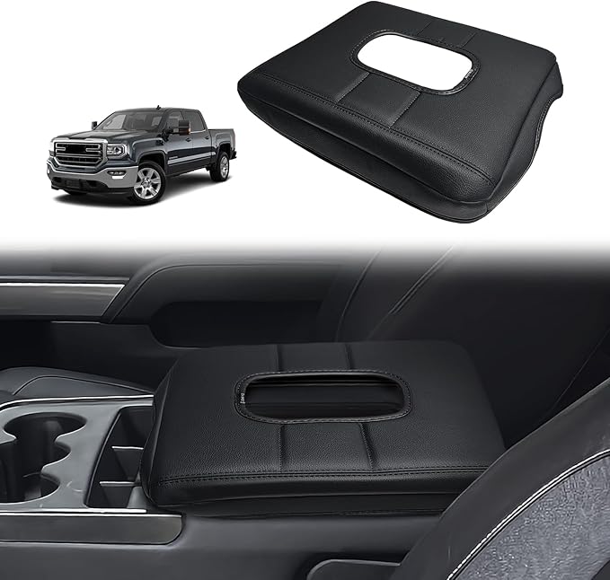 Muslogy Center Console Armrest Cover Fit for Chevy Silverado & GMC Sierra 1500 2500 3500HD 2014-2018 Accessories, Comfort Armrest Pad Console Lid Cushion Vegan Leather Regular Thick(Split Bench Seat)