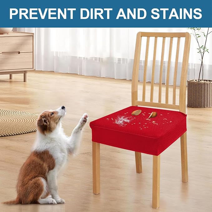 Smiry Waterproof Seat Covers for Dining Room Chairs Set of 6, Stretch Jacquard Removable Washable Chair Seat Slipcovers Protector, No Rear Covers, Red
