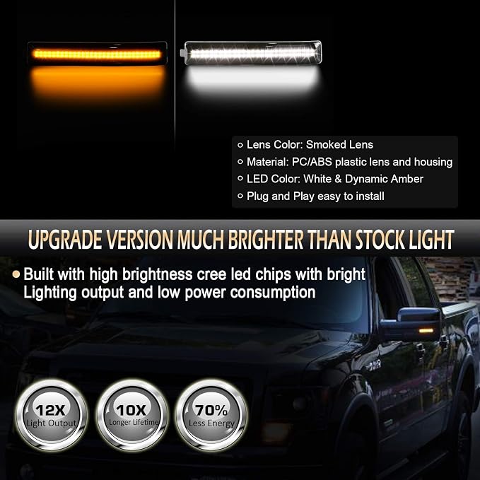 D-Lumina Sequential Switchback Side Mirror Reflector Turn Signal Lights Smoked Lens Compatible with 2009-2014 Fo-rd F150 and Raptor SVT, LED Mirror Marker Light White & Amber