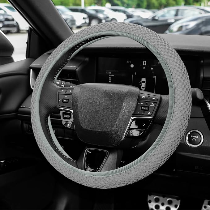 Elastic Stretch Steering Wheel Cover, Steering Wheel Protector, 15 Inch Anti-Slip Breathable Microfiber Ice Silk Protection, Easy Carry, Warm in Winter & Cool in Summer for Cars (Gray)