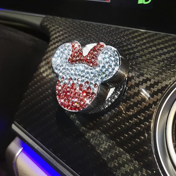Pangpai Car Cute Push to Start Button Cover Accessories, Bling Crystal Car Engine Start Stop Button Cover, Red Car Decoration Interior Decal for Women Girl