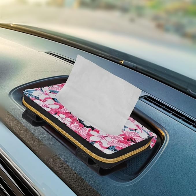 Pink Tropical Flower Car Visor Tissue Holder for SUV Sedans Vans Tropical Flower Premium Car Tissue Box PU Leather Wear Proof Universal Fit