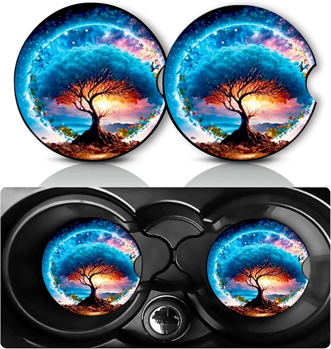 2 Pack Rainbow Tree of Life Car Cup Holder Coasters Neoprene Anti Slip Mat | Tree of Life Car Accessories Interior Decor 2.75" Universal Size Insert Auto Coasters Blue Gifts for Women Men